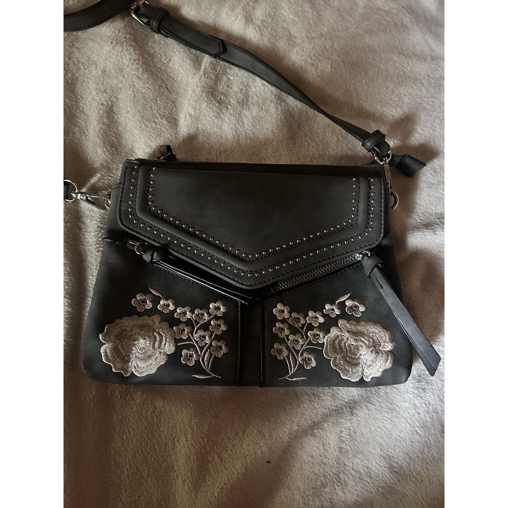 Gray Floral Embroidered Crossbody Bag Studded Envelope Flap Boho Western Purse